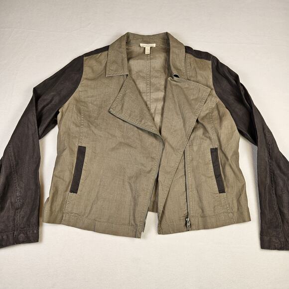 Eileen Fisher Moto Jacket Coated Organic Linen Asymmetric Casual Taupe Size PL - Picture 16 of 16
